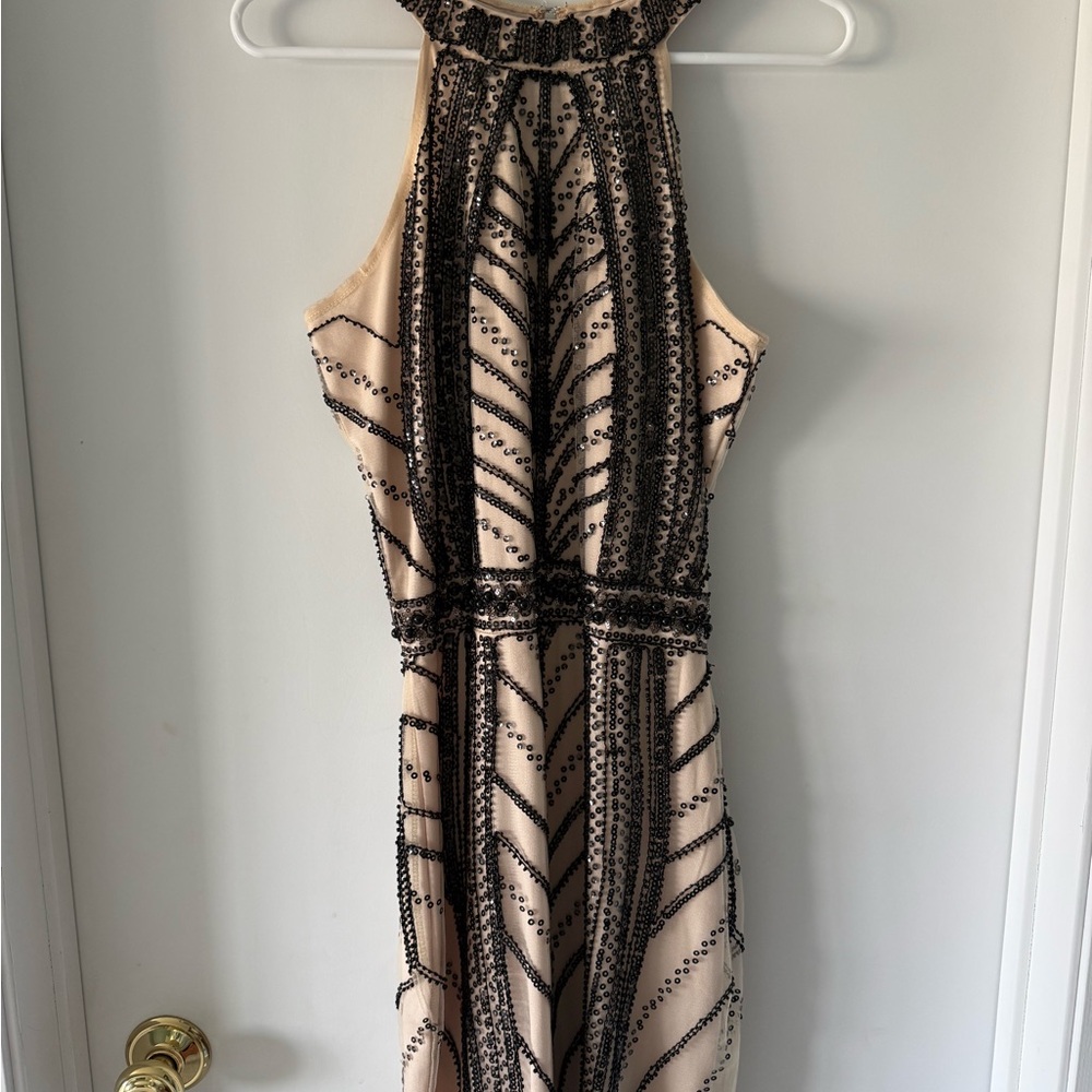 Elegant Nude Mini Dress with Black Beads & Sequins